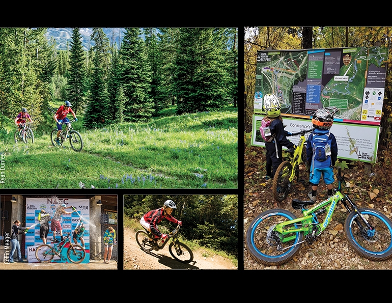 Clockwise startiGroup ride at Big Sky, Mont.; kids rule at Silver Mountain, Idaho; downhill at Killington, Vt.; podium at a women’s enduro race at Silver. 