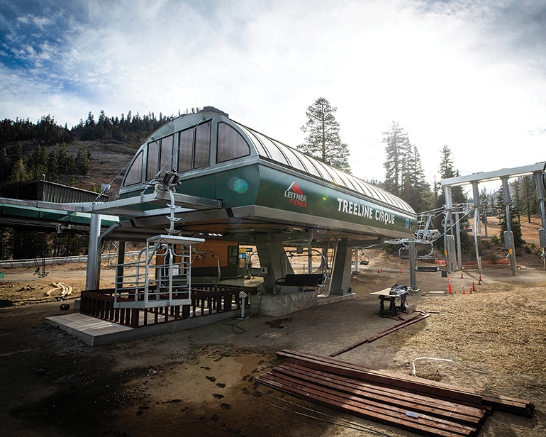 Leitner-Poma engineered a double-grooved bullwheel to transfer torque between two sections at an angle station for Alpine Meadows’ new Treeline Cirque detachable quad.