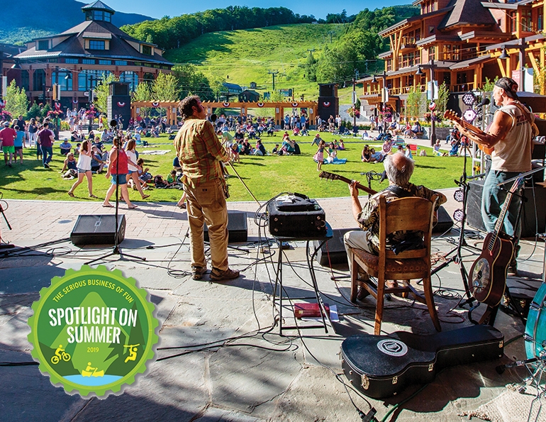 At Stowe Mountain Resort, Vt., the Spruce Peak area has a variety of multi-use buildings and outdoor spaces that host concerts and festivals in summer. This space turns into an ice skating rink in winter.