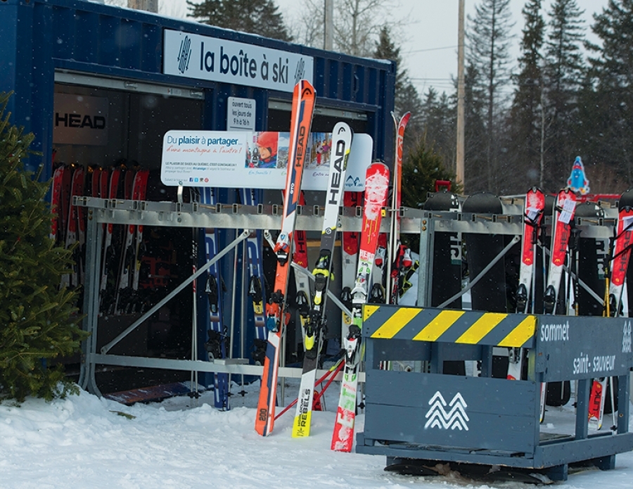 At Mont Saint-Sauveur, Quebec, the slopeside “ski box” provides a convenient pickup point for renters and frees up indoor storage space.